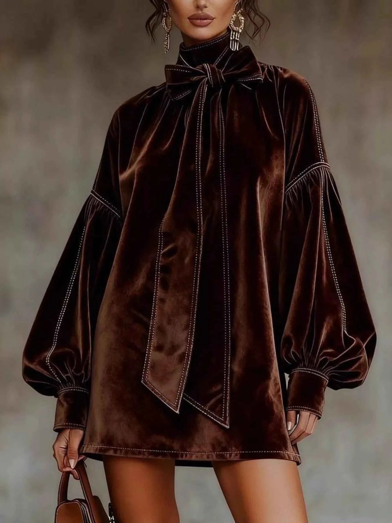 Velvet Bow-Tie Long Sleeve Mini Dress