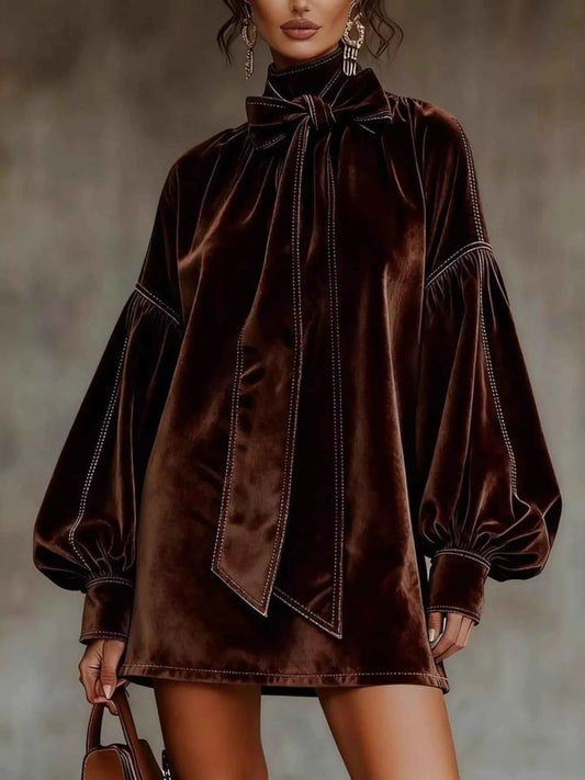 Velvet Bow-Tie Long Sleeve Mini Dress