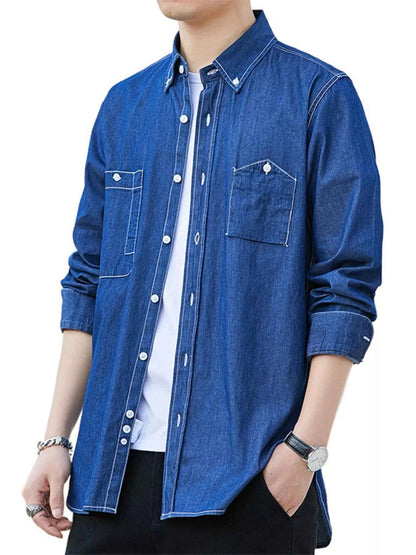 Men's Full Size Casual Long Sleeve Denim Shirt with Pockets Plus Size