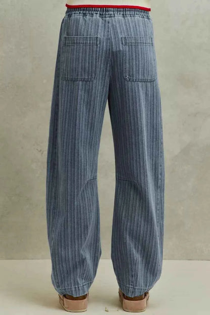 SO ME Stripe Denim Barrel Jeans Drawstring Waistband