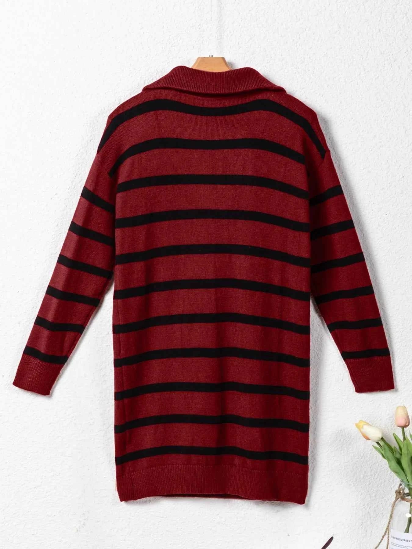 Striped O-ring Zip Collared Loose Sweater Mini Dress