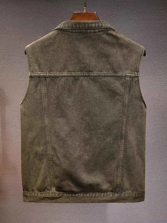Men's Plus Size Vintage Washed Denim Vest with Pockets