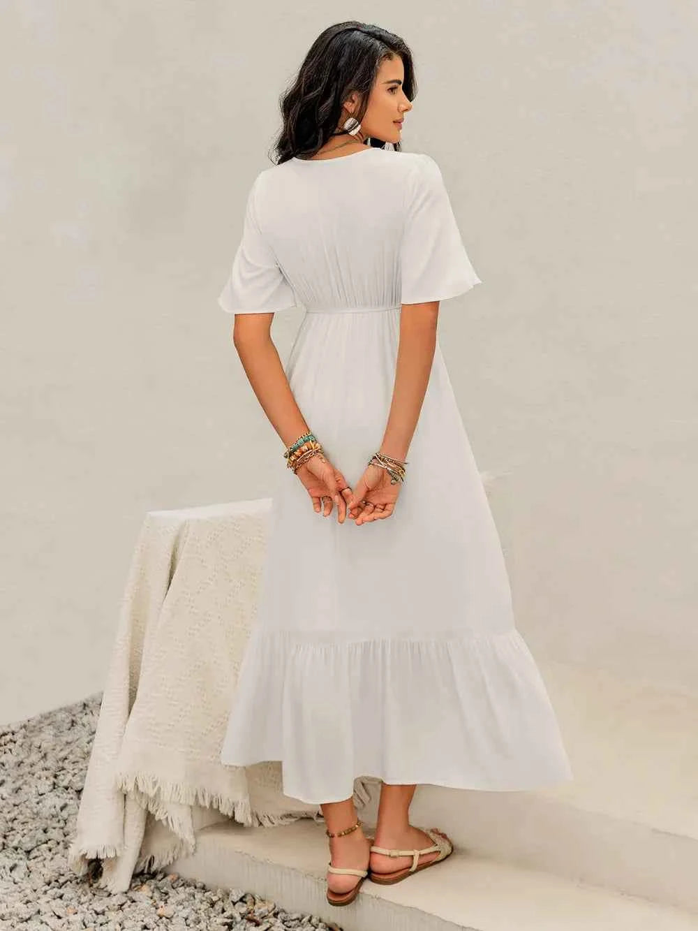 Ruffled Hem V-Neck Flutter Sleeve Dress