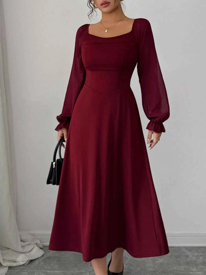 Flounce Sleeve A-Line Midi Dress