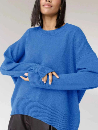 Ribbed Hem Round Neck Sweater