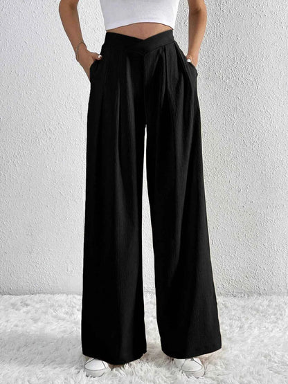 V-Waisted Ruched Front Wide Leg Pants