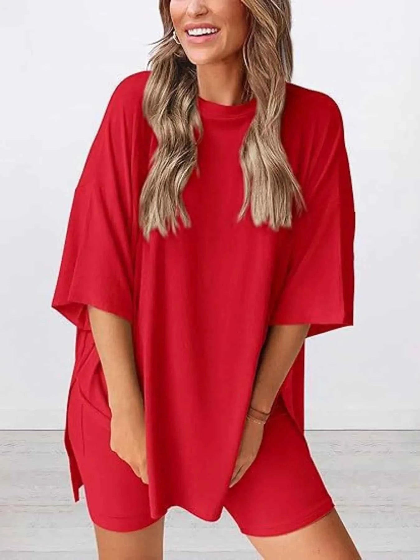 Full Size Oversized Round Neck Top and Shorts Set Plus Size