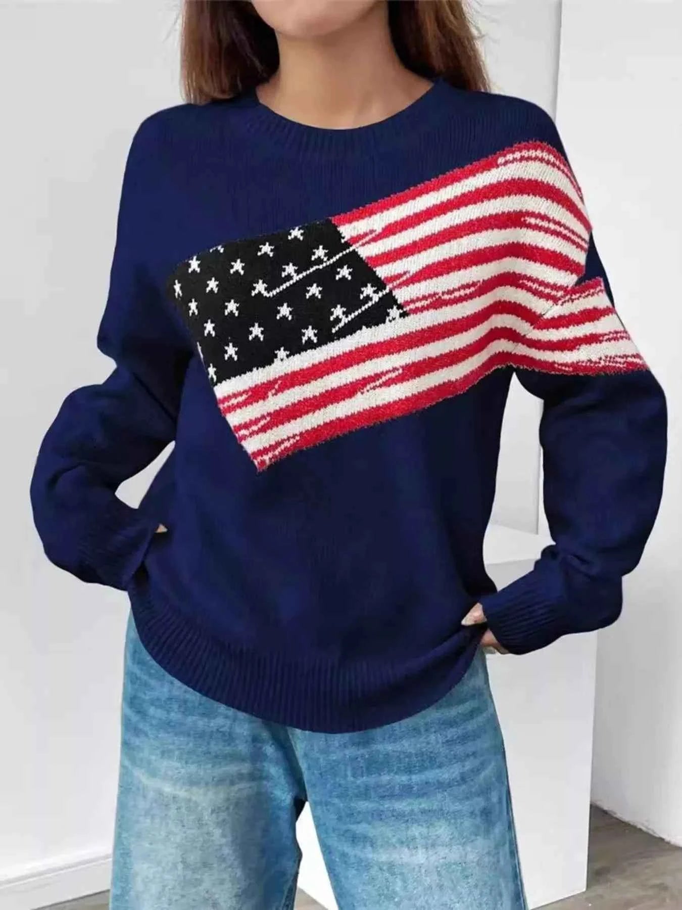 US Flag Round Neck Long Sleeve Sweater