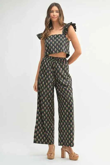 MABLE Floral Print Ruffle Top and Pants Set