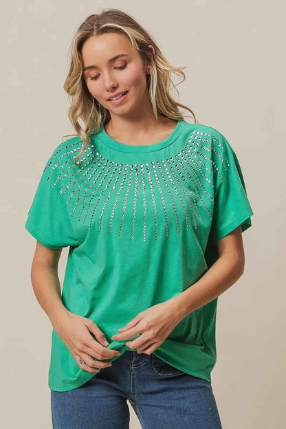BiBi Rhinestone Beaded Short Sleeve Top