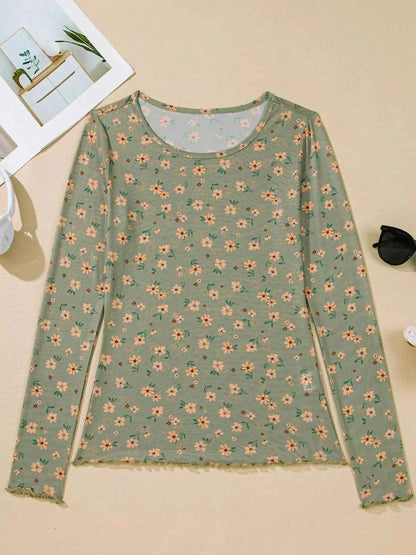 Floral Print Mesh Long Sleeve Top
