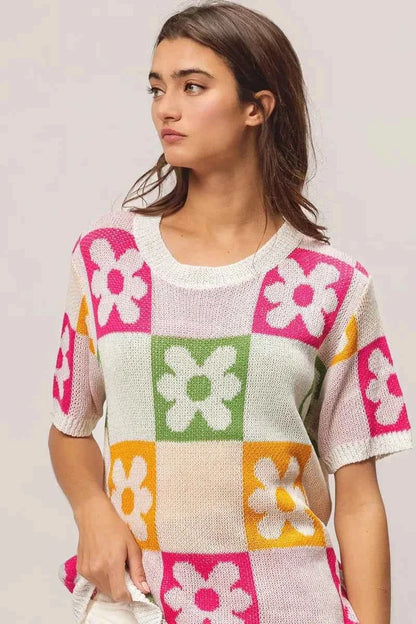 BiBi Flower Checker Pattern Lightweight Sweater Top