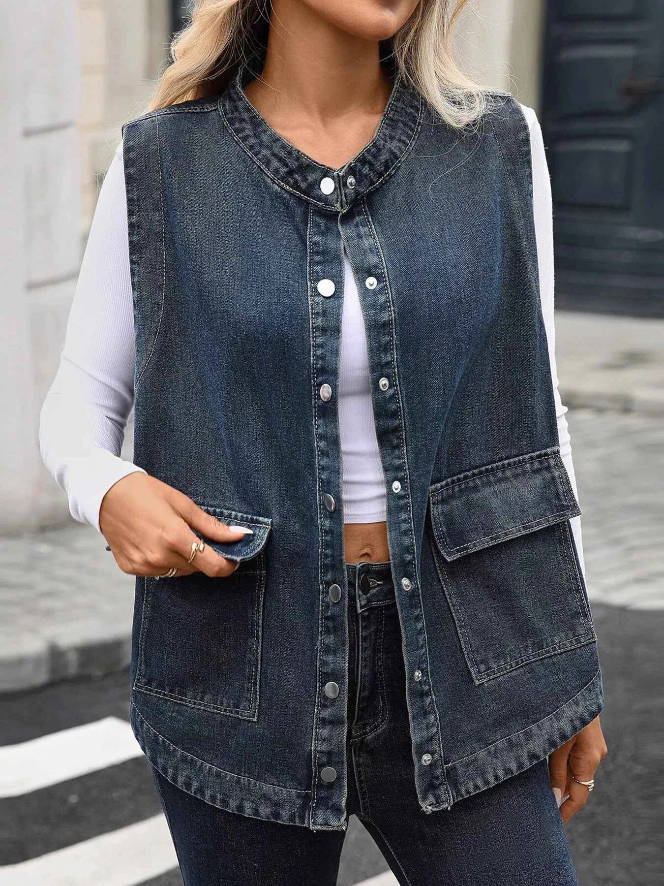 Snap Down Sleeveless Denim Jacket