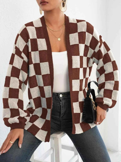 Checkerboard Pattern Open Front Knit Cardigan