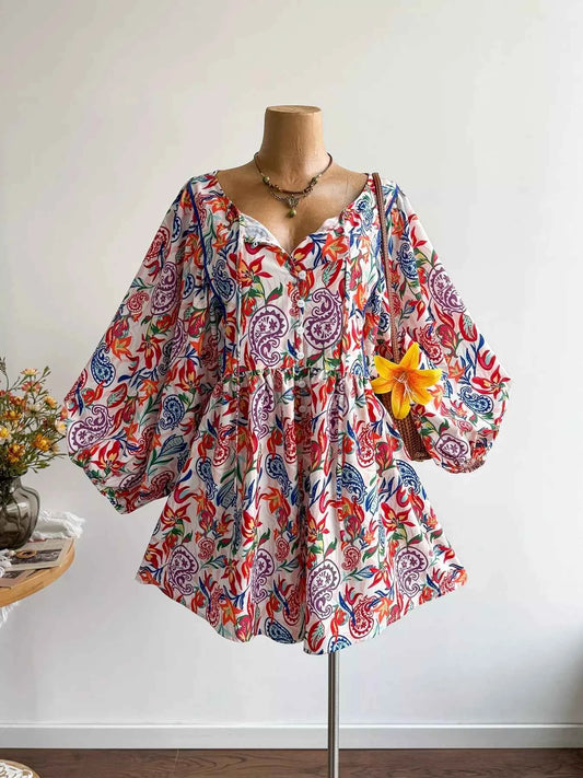 Plus Size Boho Floral Print Button-Down Romper