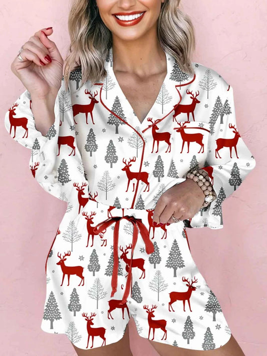 Christmas Fashion Print Velvet Trim Top and Shorts Pajama 2pcs Set