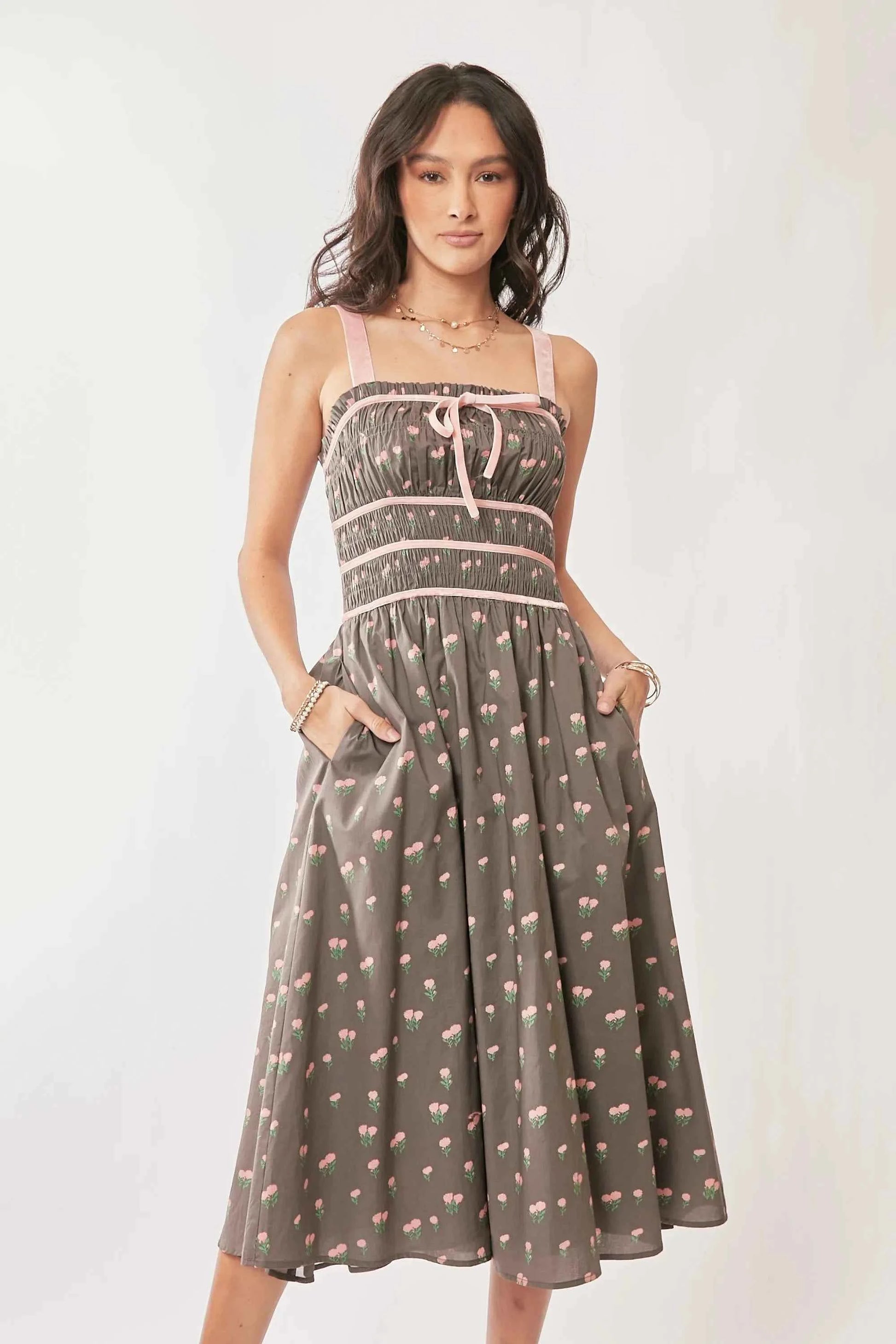 Davi & Dani Contrast Velvet Tape Smocking Bodice Midi Dress