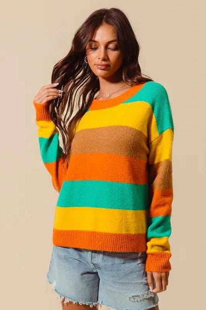 SO ME Multi Color Stripe Sweater with Ribbed Detail
