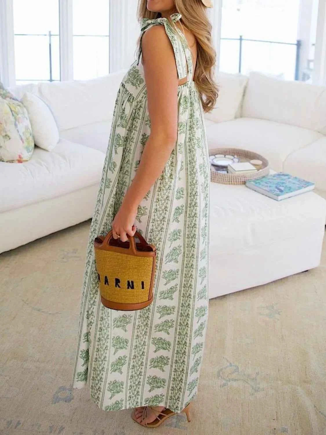 Printed Tie Shoulder Square Neck Midi Dress