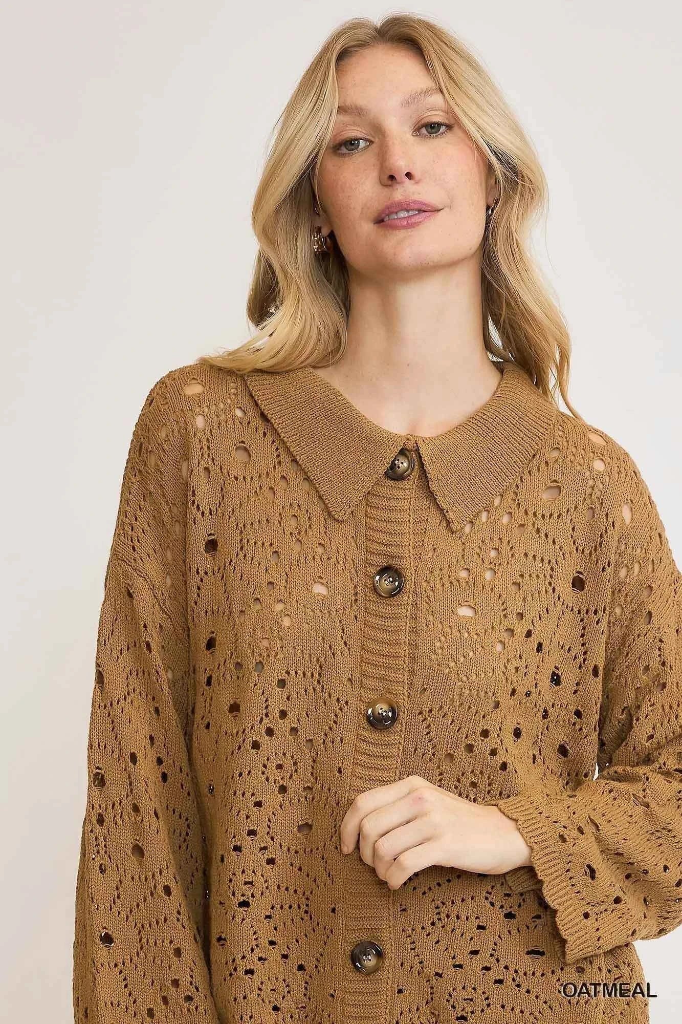 Umgee Crochet Button Down Knit Cardigan