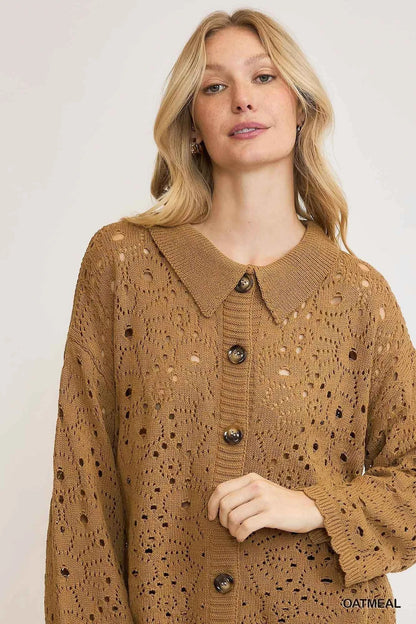 Umgee Crochet Button Down Knit Cardigan