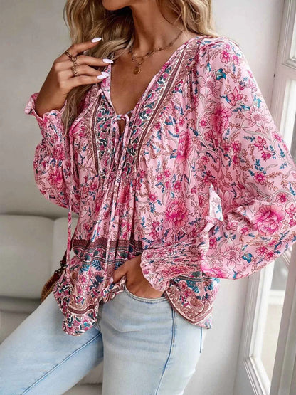 Floral Print Tie Neck Bohemian Blouse