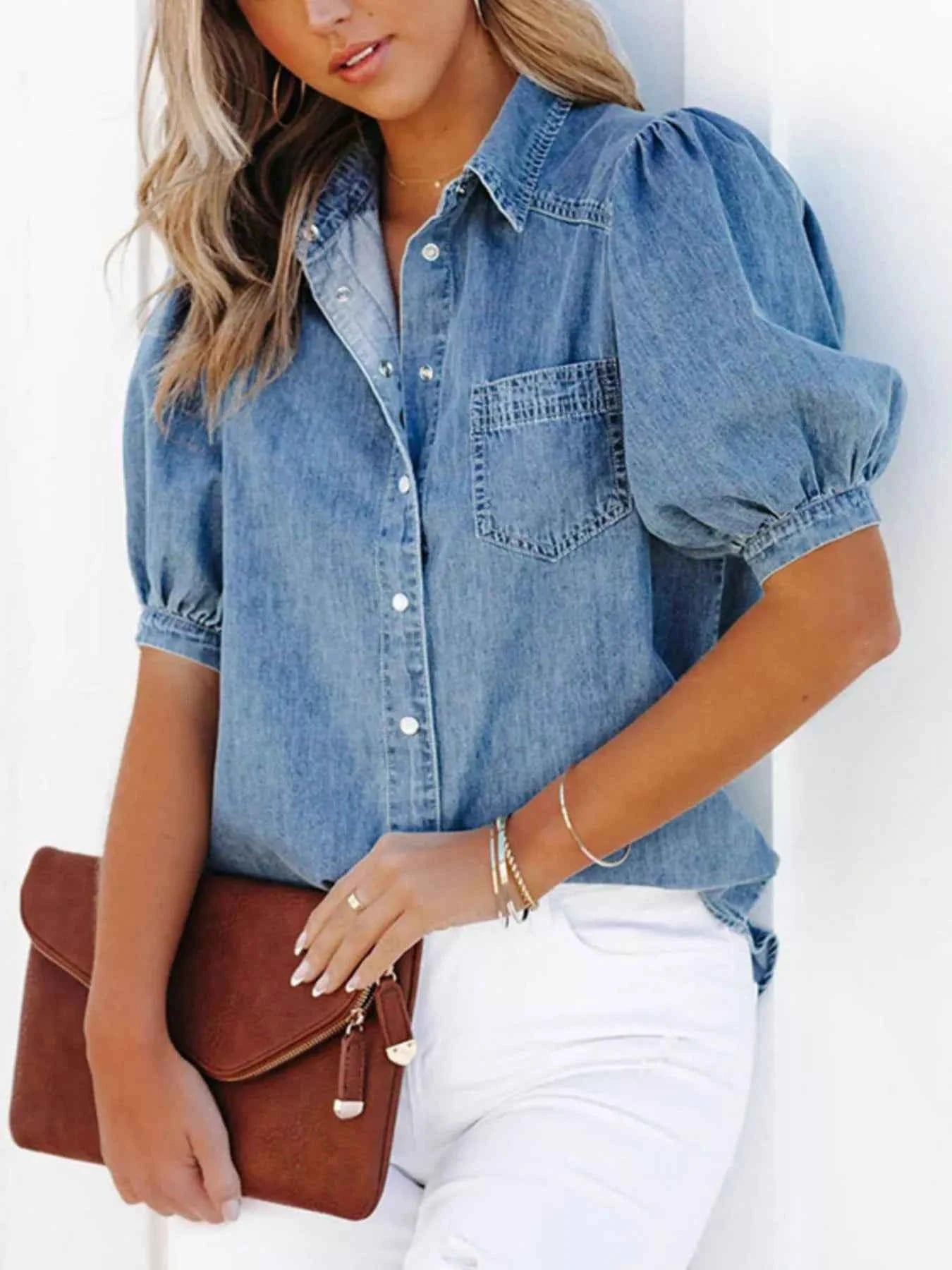 Puff Sleeve Button-Down Denim Top