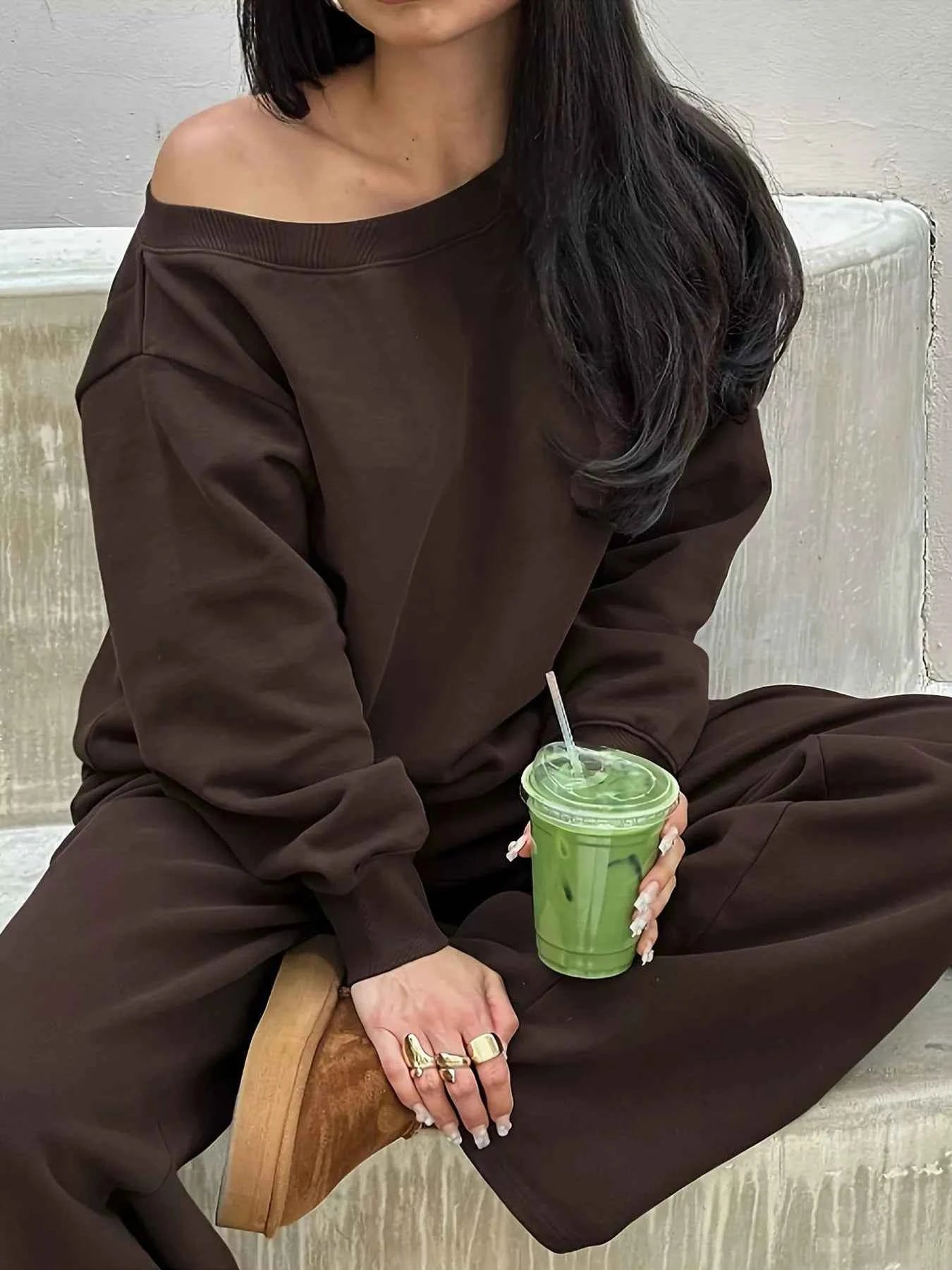 Boat Neck Long Sleeve Sweatshirt and Pants Set