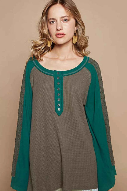 POL Scoop Neck Contrast Long Sleeve Top with Lace Detail
