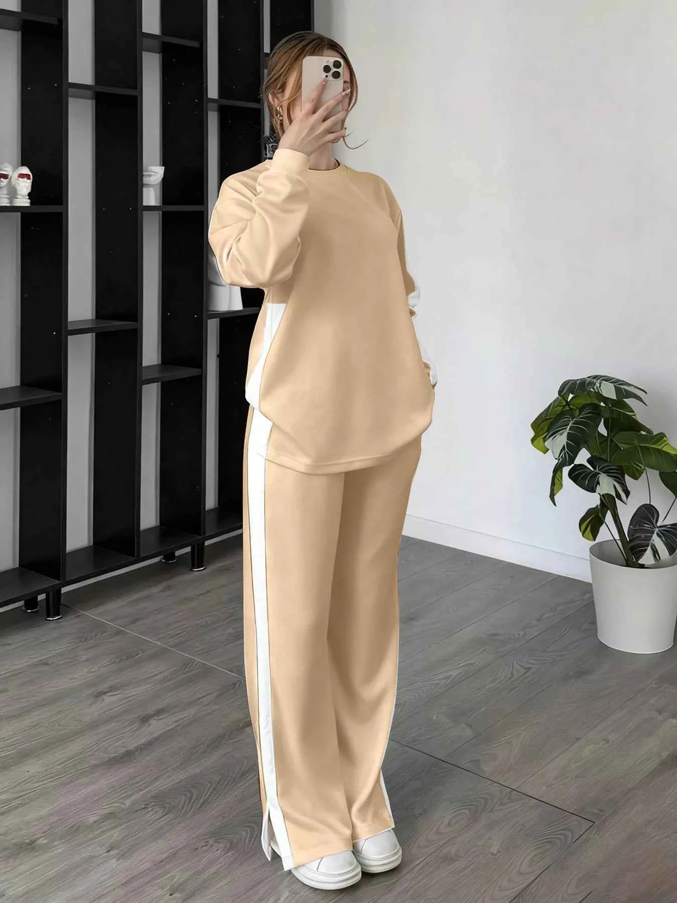 Full Size Contrast Round Neck Top and Pants Set Plus Size