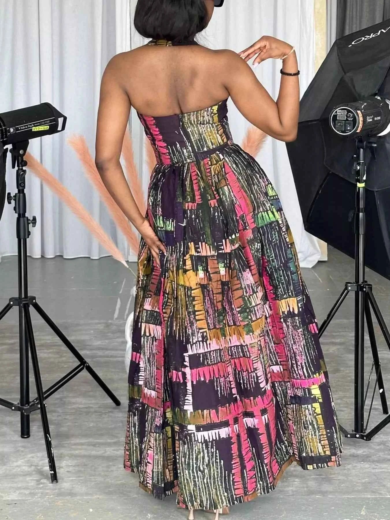 Full Size Abstract Print Halter Neck Maxi Dress Plus Size