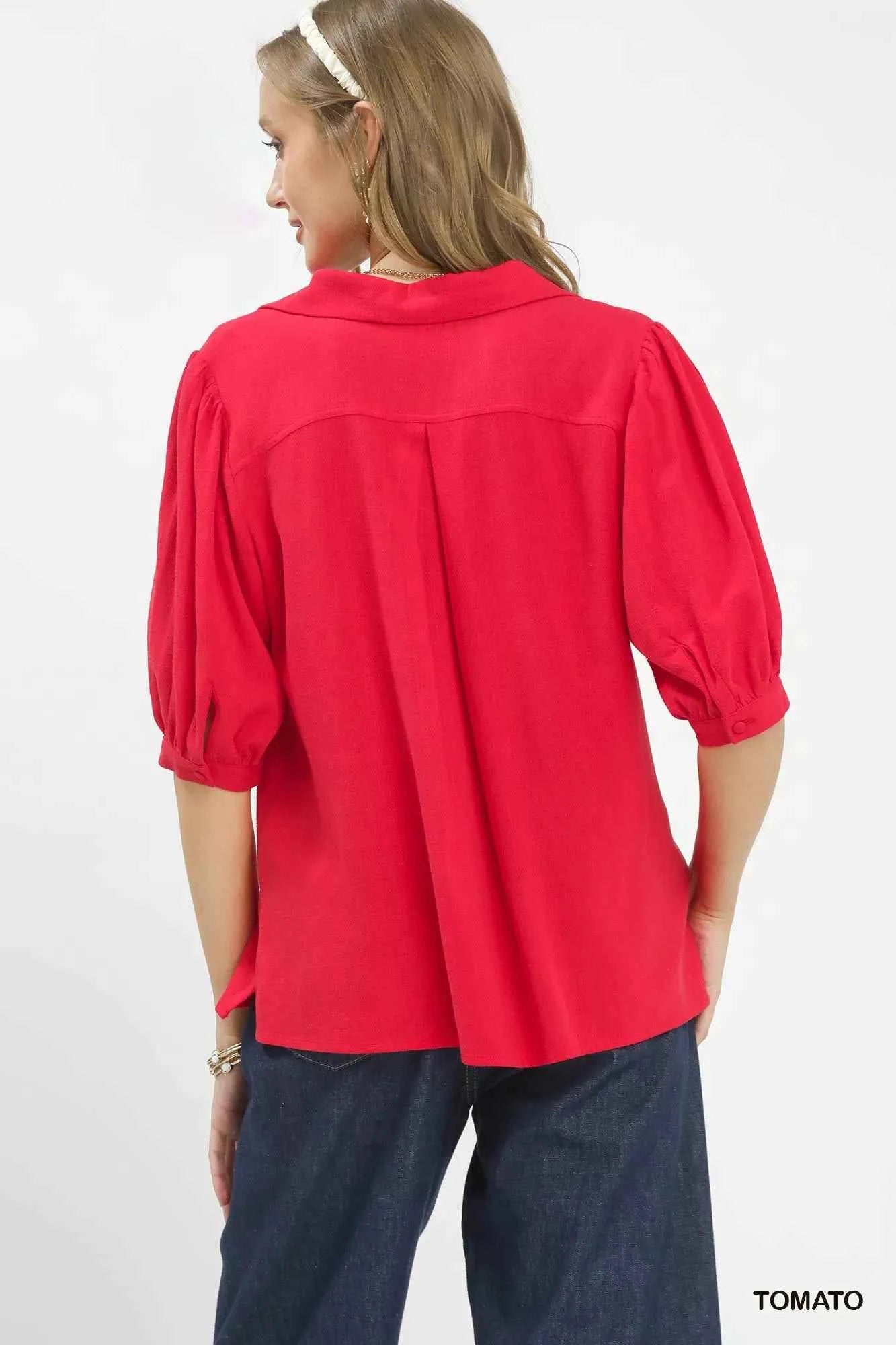 Umgee Mixed Media V-Neck Print Blouse