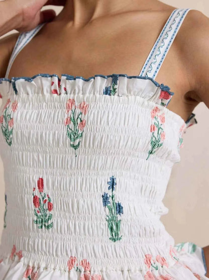 Bohemian Floral Print Smocked Tiered Maxi Dress
