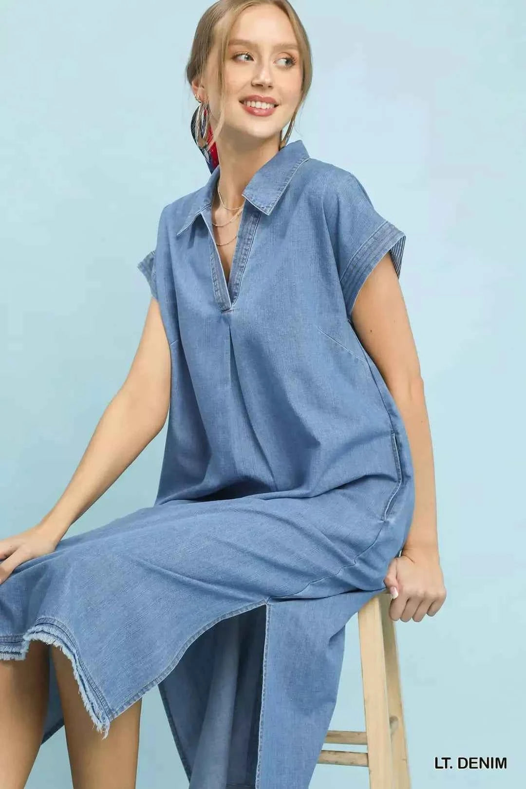 Umgee Stone Washed Collared Denim Midi Dress