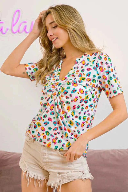BiBi Multi Color Leopard Jersey Shirred V Neck Top