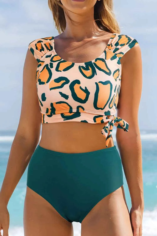 Leopard Print U Neck Knotted High Waist Bikini Set