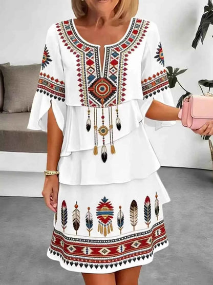 Full Size Printed Notched Ruffled Half Sleeve Dress Plus Size