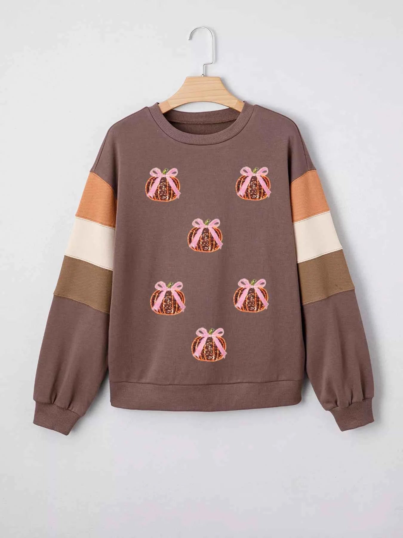 Sequin Bow Pumpkin Round Neck Sweatshirt