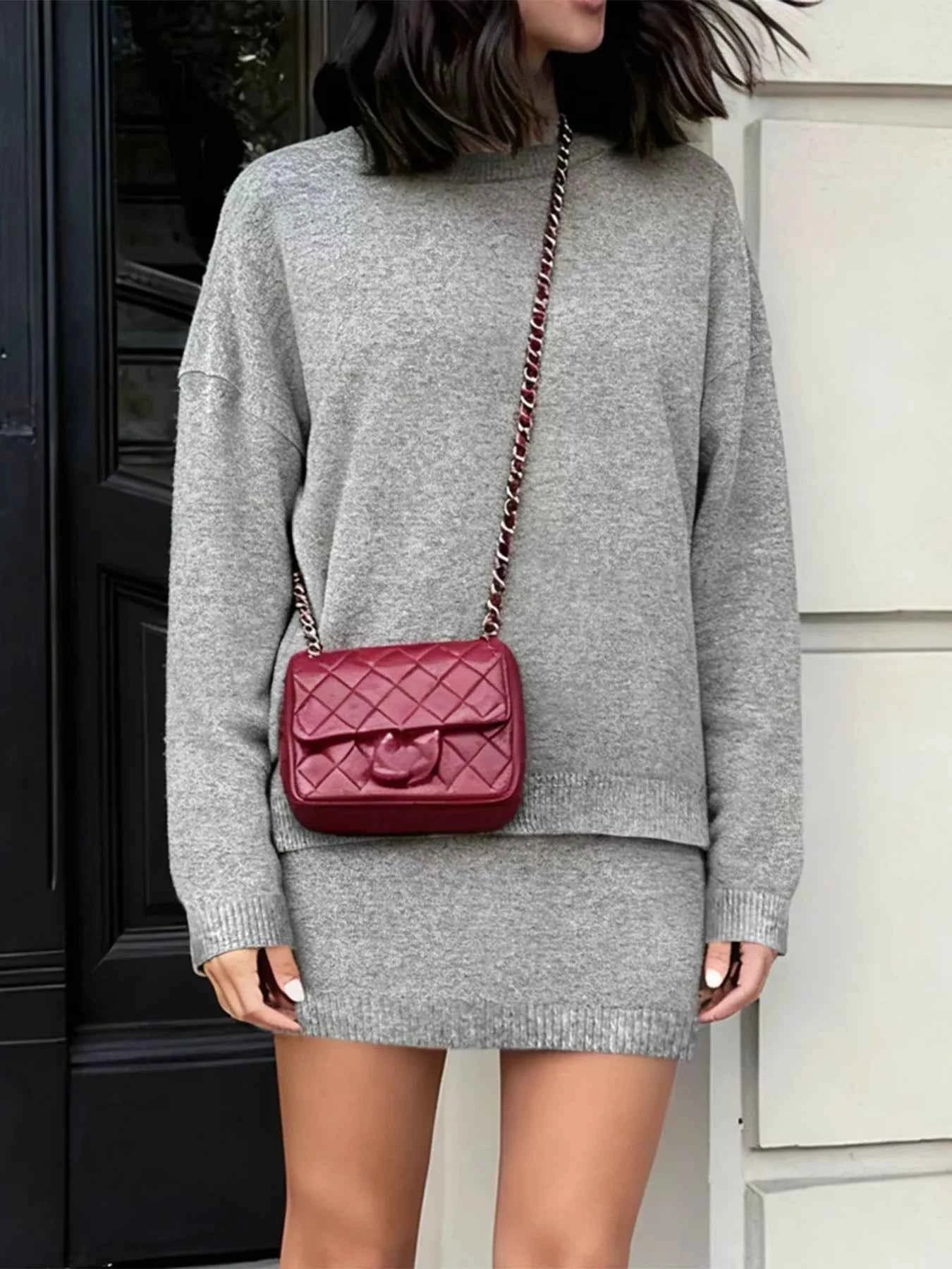 Plus Size Round Neck Long Sleeve Top and Skirt Sweater Set