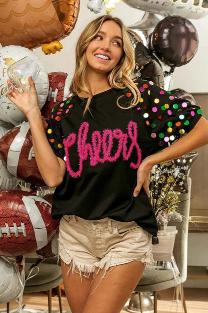 BiBi Metallic Letter Spangle Raglan Puff Sleeve Top