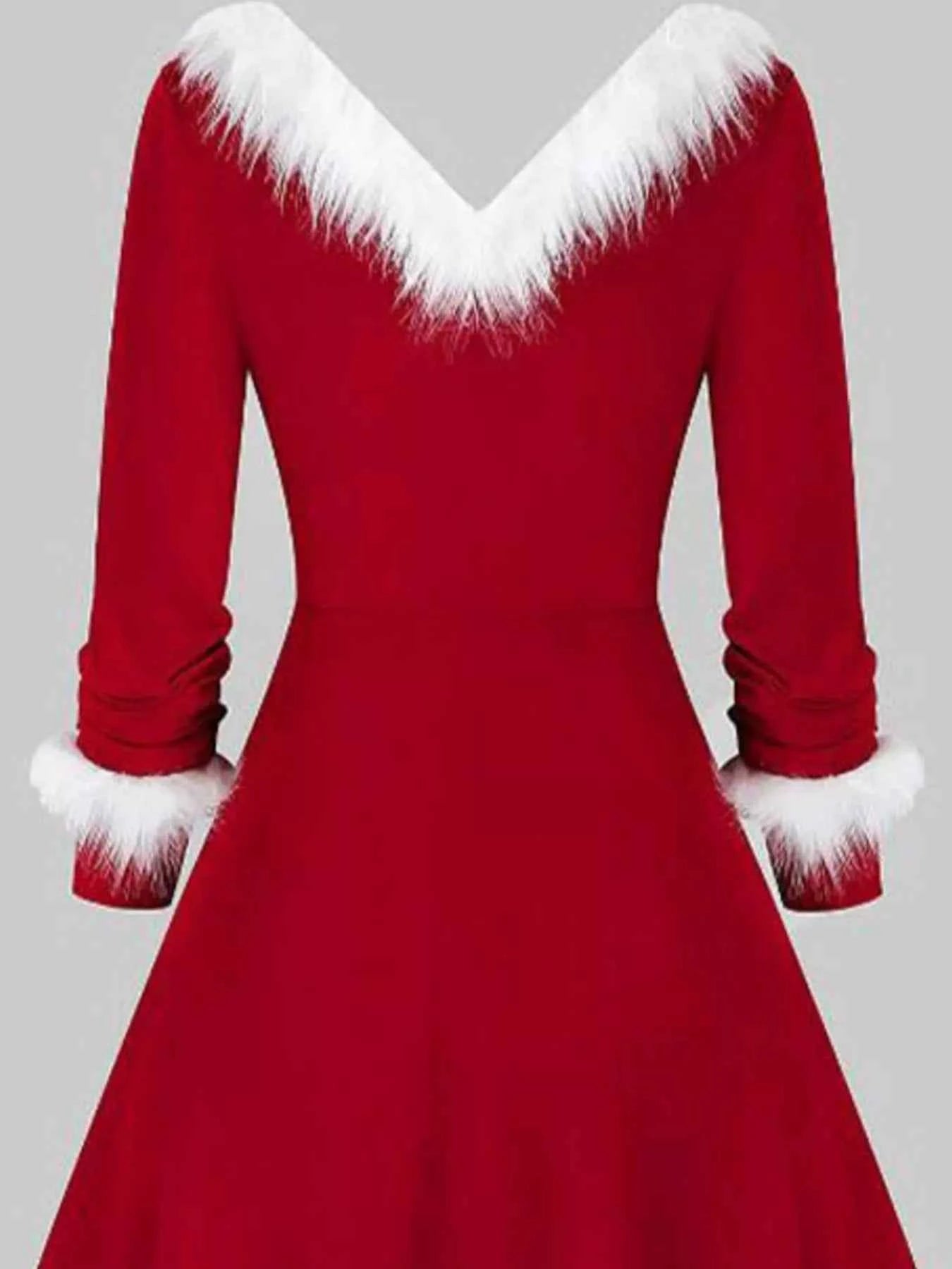 Fuzzy Trim Long Sleeve Christmas Dress
