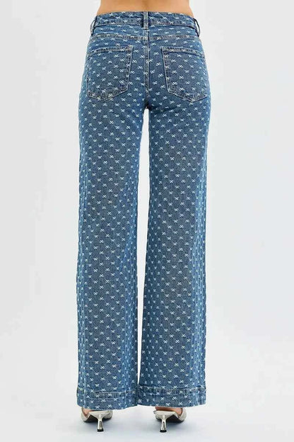RISEN High Rise Wide Leg Bow Embroidered Jeans