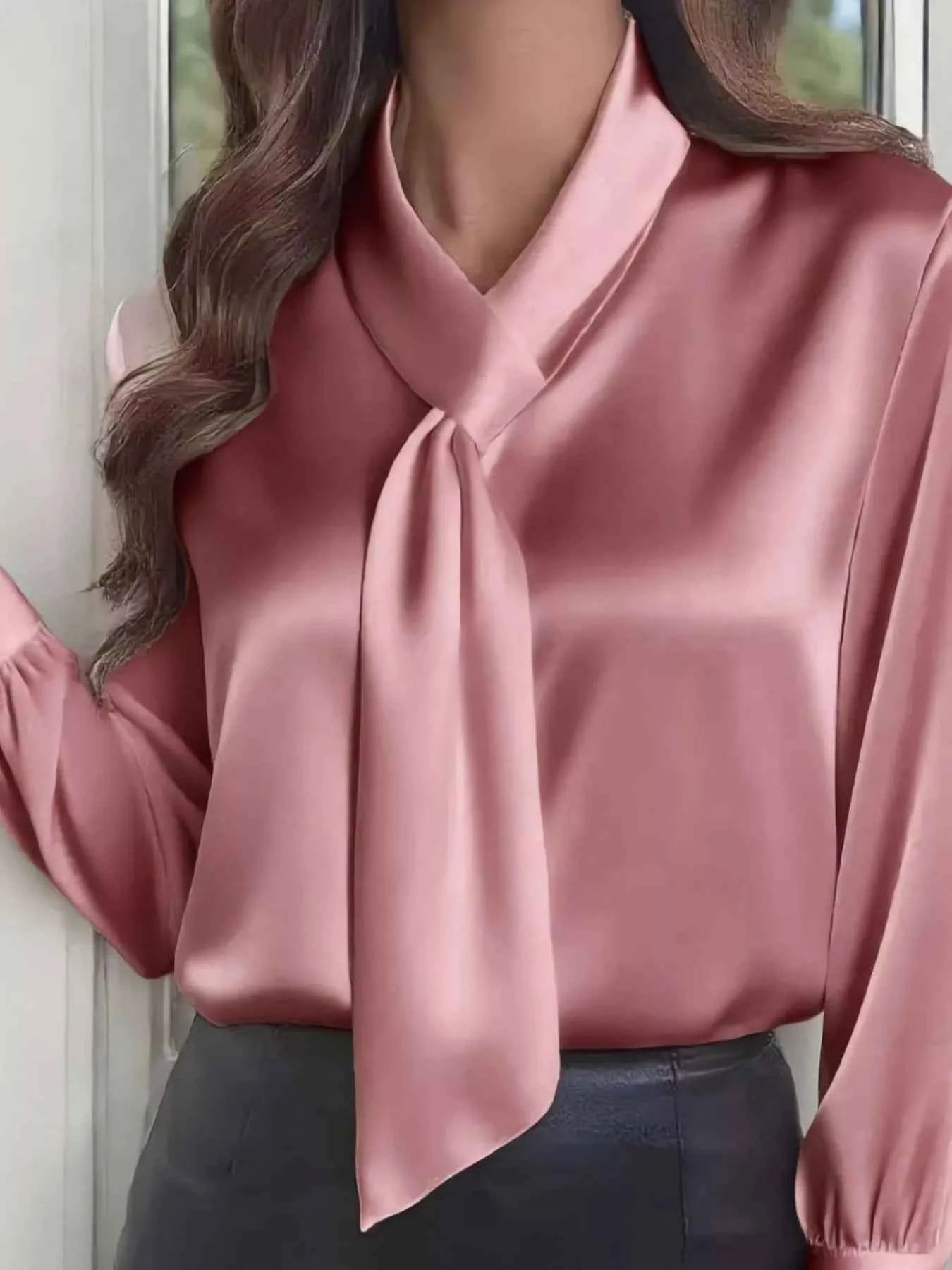 Satin Tie-Neck Long Sleeve Blouse