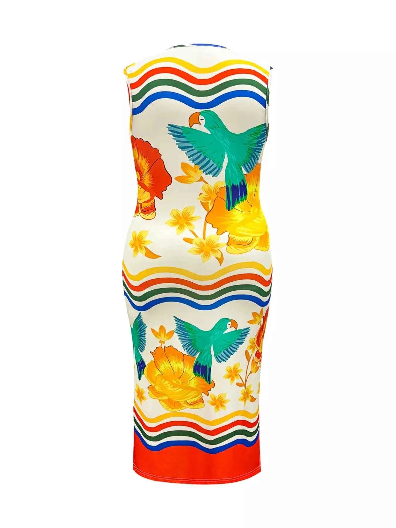 Plus Size Tropical Parrot Print Sleeveless Midi Dress
