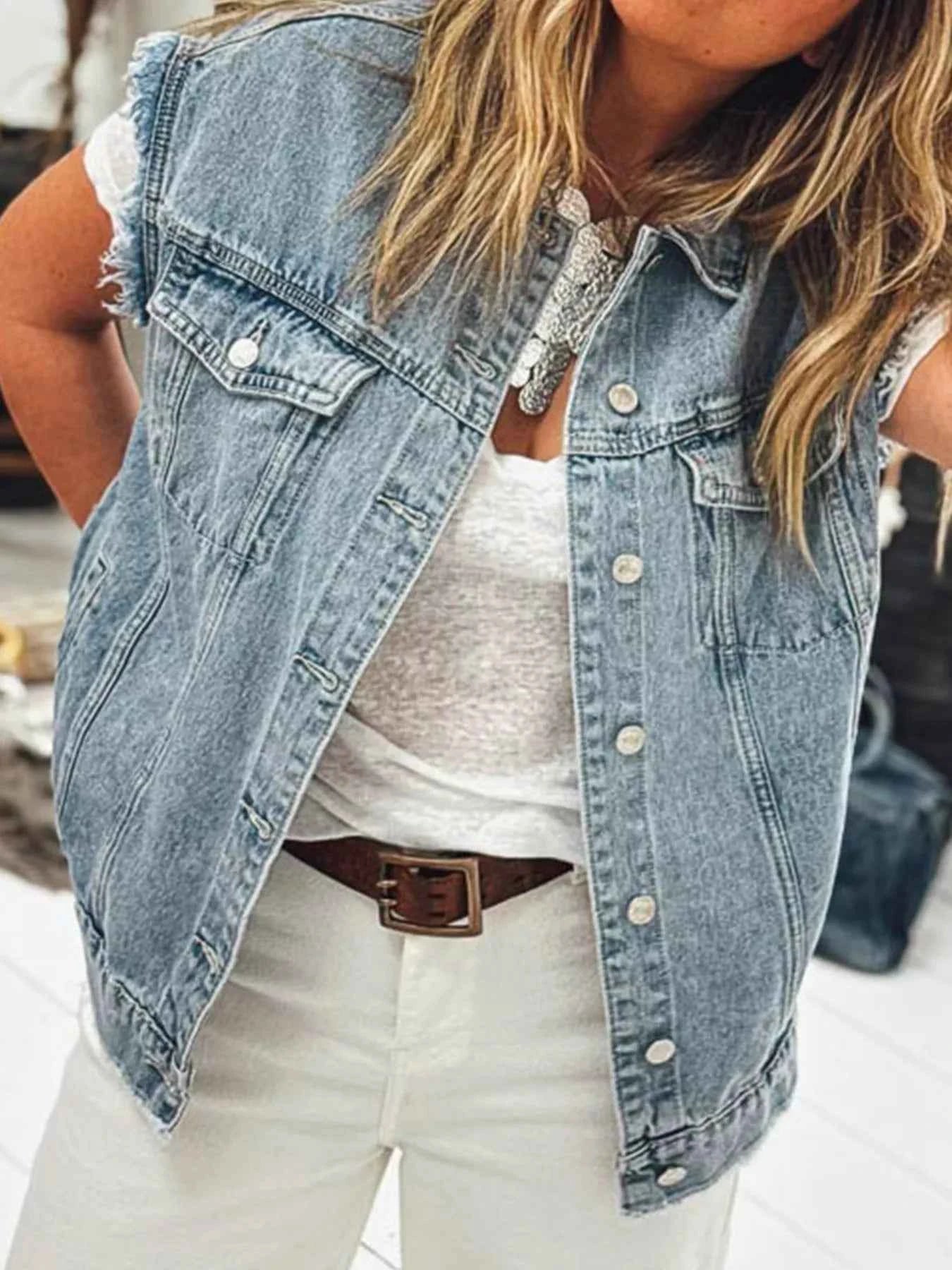 Button Flap Pocket Frayed Detail Denim Vest