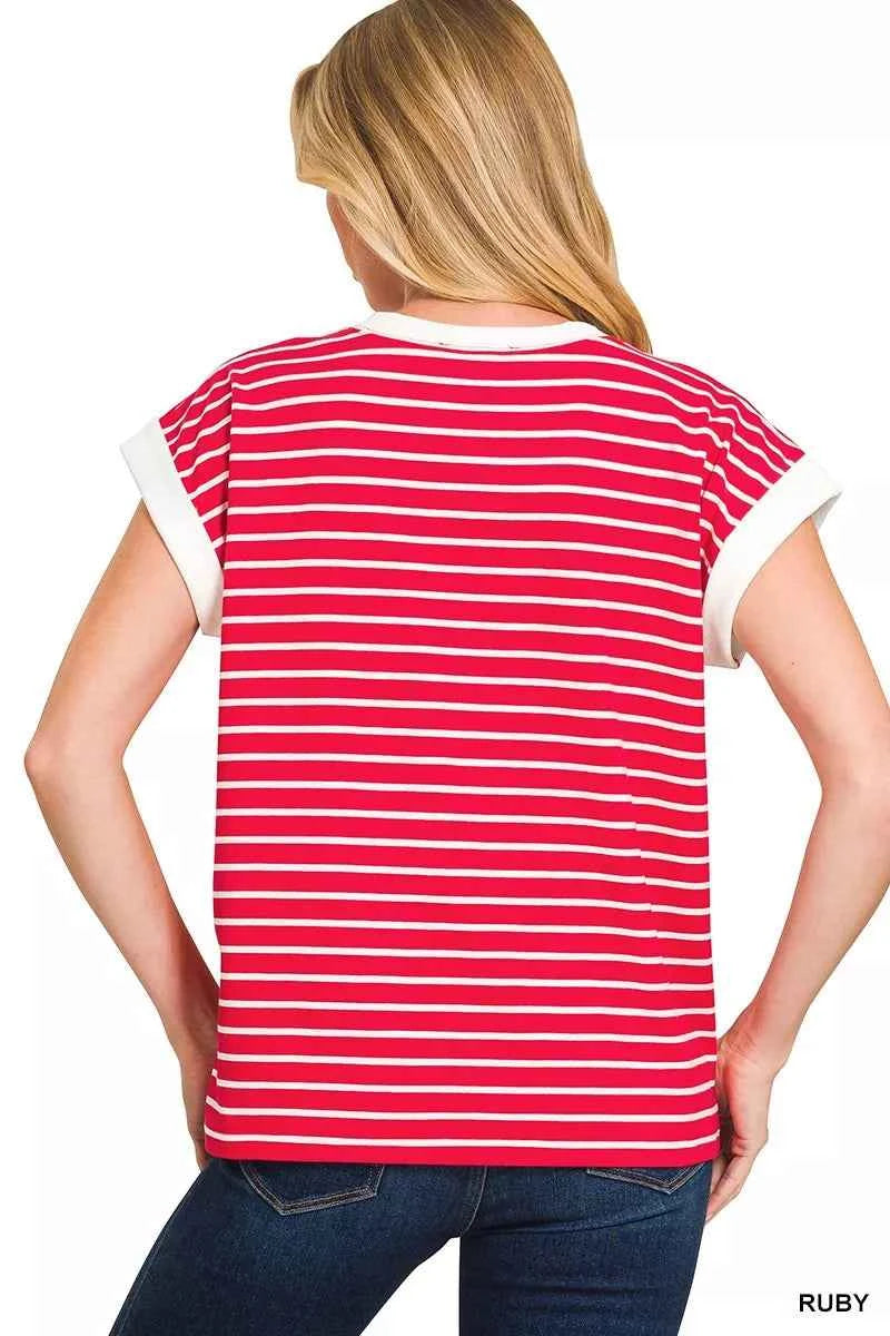 Zenana Full Size Contrast Trim Cap Sleeve Stripe Tee Plus Size
