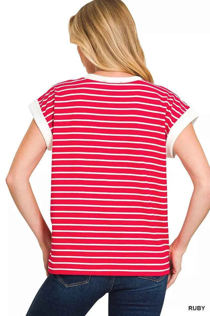 Zenana Full Size Contrast Trim Cap Sleeve Stripe Tee Plus Size