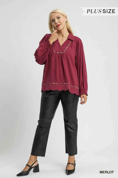 Umgee Full Size Linen Scallop Hem Blouse with Contrast Trim Plus Size