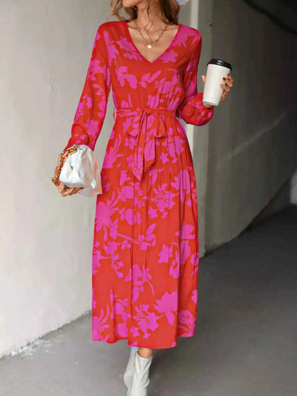 Printed V-Neck Balloon Sleeve Dress