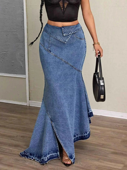 High-Waist Asymmetrical Slit Denim Maxi Mermaid Skirt